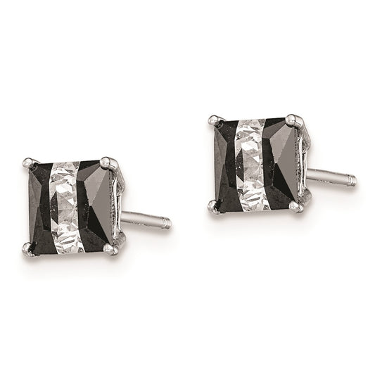 Rhodium-plated Silver Black White CZ 5mm Square Post Earrings