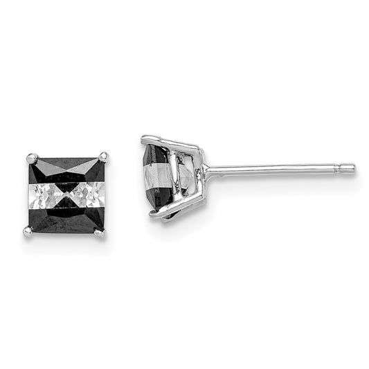 Rhodium-plated Silver Black White CZ 5mm Square Post Earrings