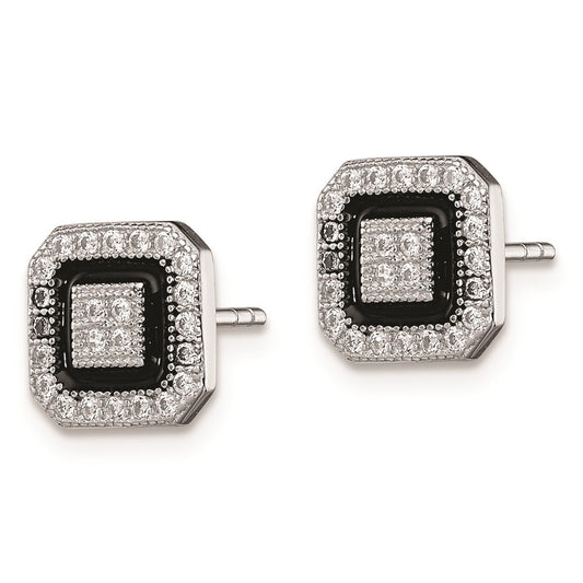 Rhodium-plated Silver CZ Pave Black Enamel Square Post Earrings