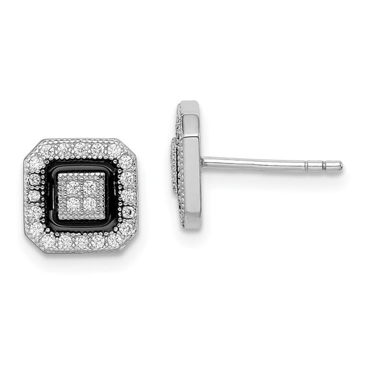 Rhodium-plated Silver CZ Pave Black Enamel Square Post Earrings