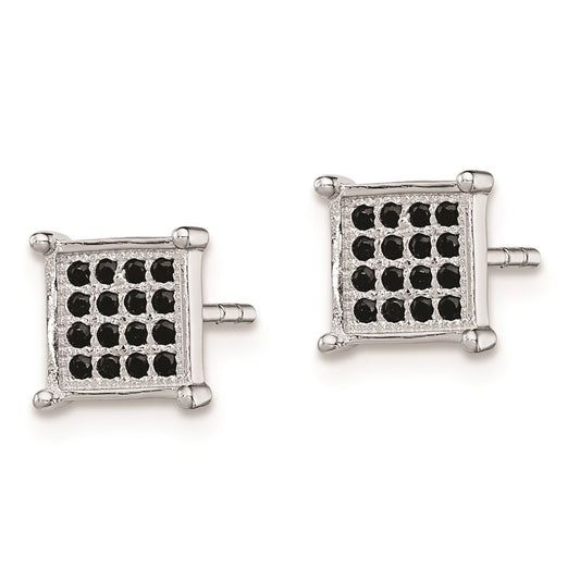 Rhodium-plated Sterling Silver Black CZ Pave Square Post Earrings