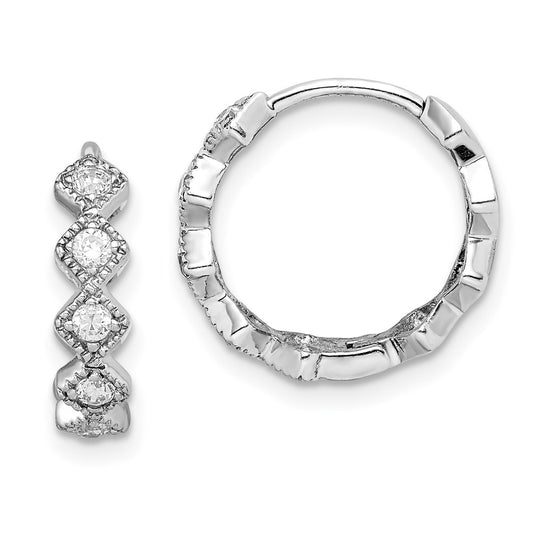 Rhodium-plated Sterling Silver CZ Hinged Hoop Earrings