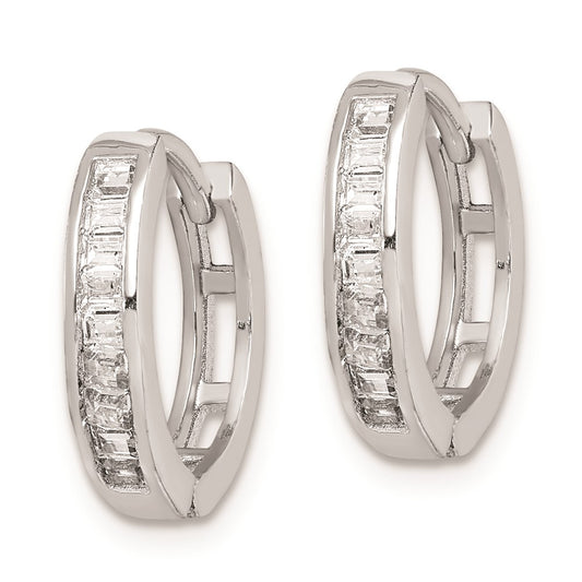 Rhodium-plated Sterling Silver CZ Baguette Hinged Hoop Earrings