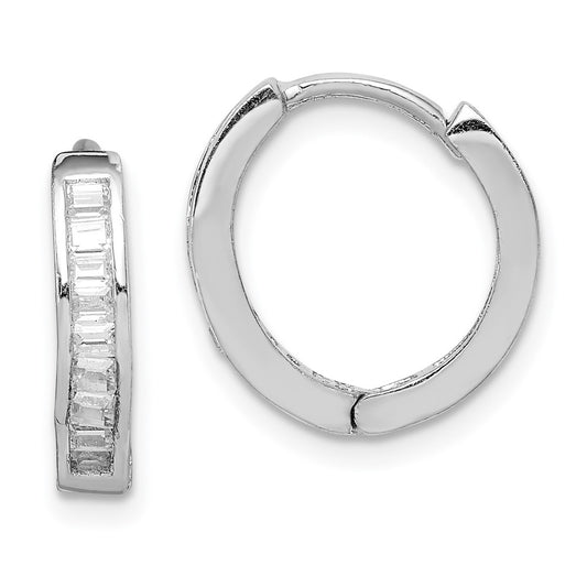 Rhodium-plated Sterling Silver CZ Baguette Hinged Hoop Earrings