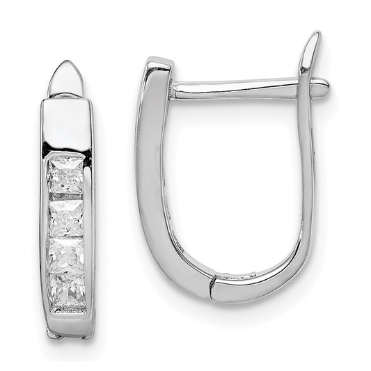 Rhodium-plated Sterling Silver CZ Hinged Hoop Earrings