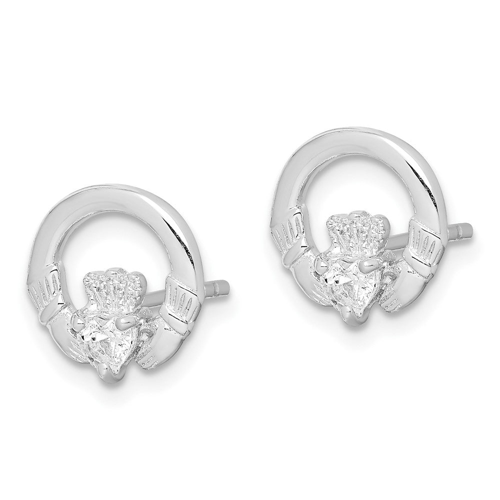 Rhodium-plated Sterling Silver Clear CZ Heart Claddagh Post Earrings