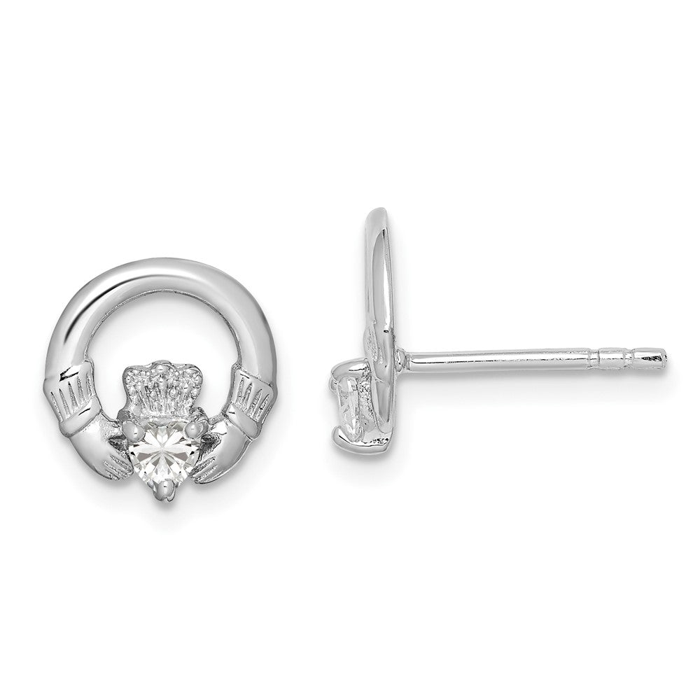 Rhodium-plated Sterling Silver Clear CZ Heart Claddagh Post Earrings