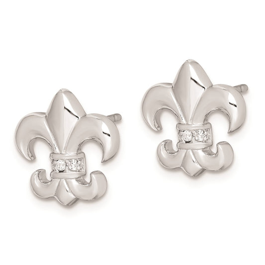 Rhodium-plated Sterling Silver CZ Fleur de lis Post Earrings