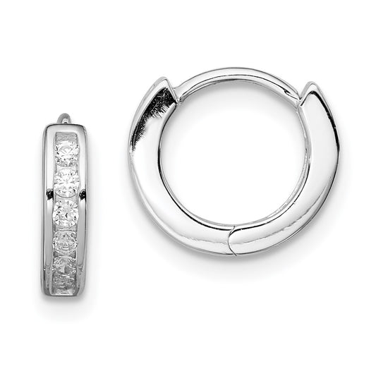 Rhodium-plated Sterling Silver CZ Hinged Hoop Earrings