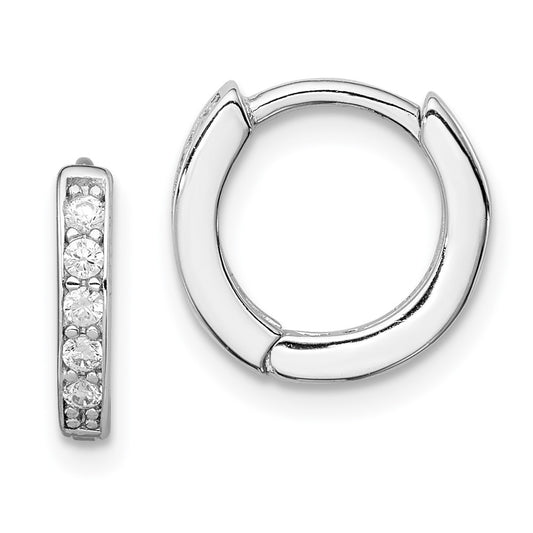 Rhodium-plated Sterling Silver CZ Hinged Hoop Earrings