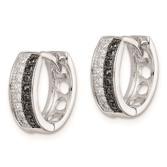 Rhodium-plated Silver White and Black CZ Hinged Hoop Earrings