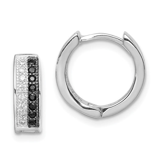 Rhodium-plated Silver White and Black CZ Hinged Hoop Earrings