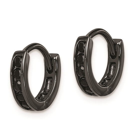 Sterling Silver Black Rhodium Plated Black CZ Hinged Hoop Earrings