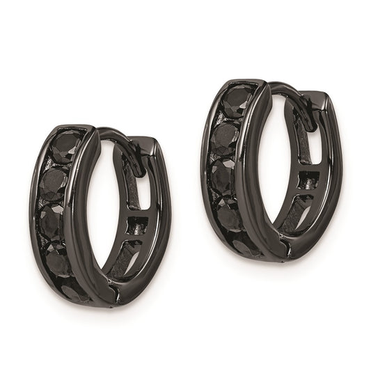 Sterling Silver Black Rhodium Plated Black CZ Hinged Hoop Earrings