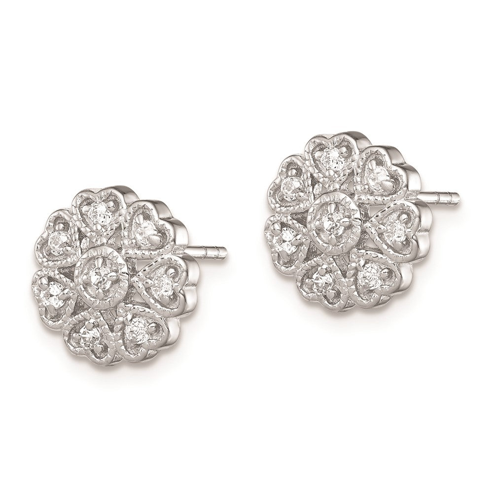 Rhodium-plated Sterling Silver CZ Flower Heart Post Earrings