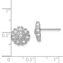 Rhodium-plated Sterling Silver CZ Flower Heart Post Earrings