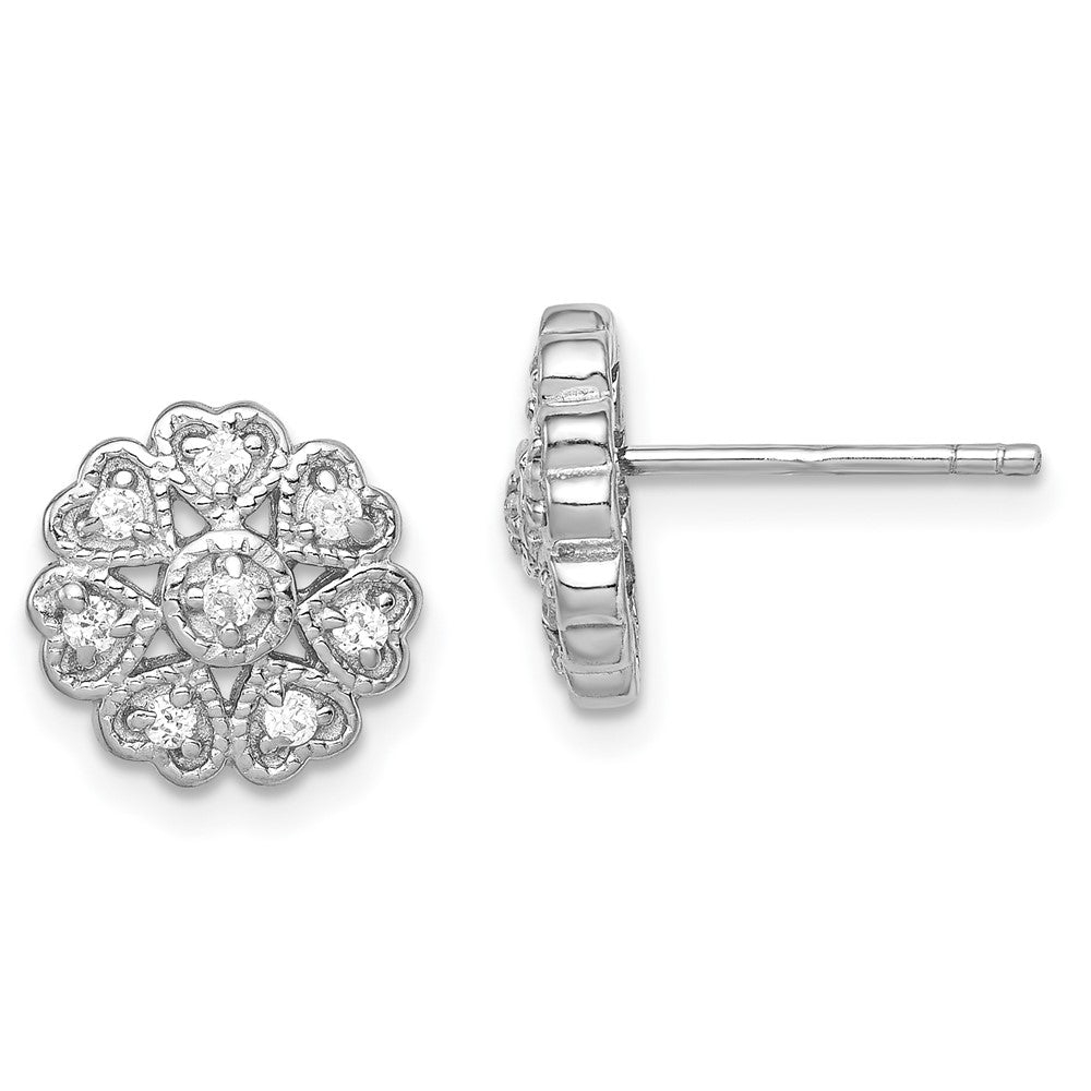 Rhodium-plated Sterling Silver CZ Flower Heart Post Earrings