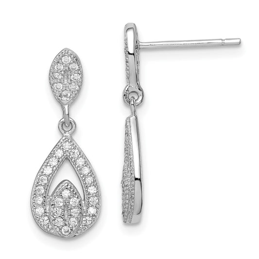 Rhodium-plated Sterling Silver CZ Pave Pear Dangle Post Earrings