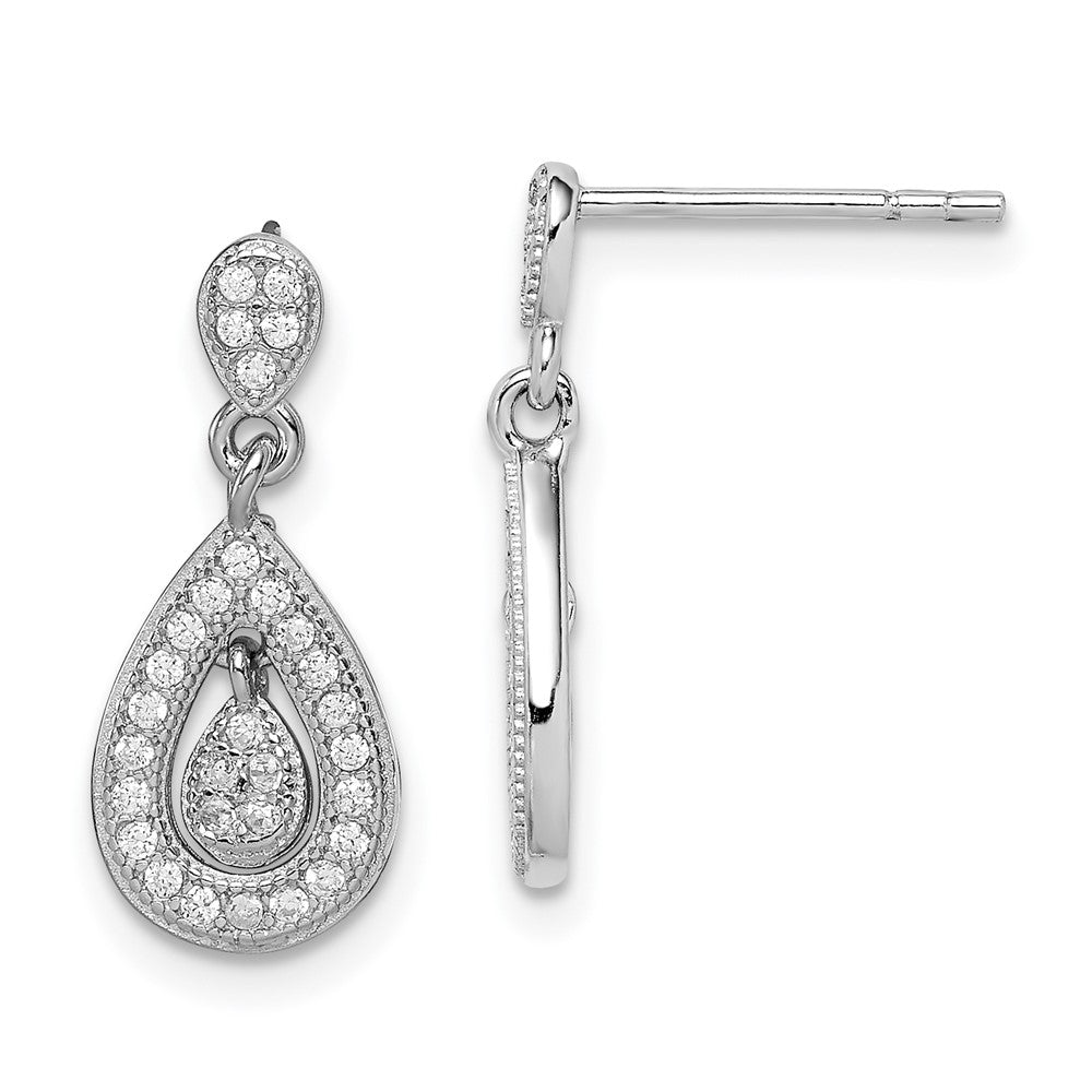 Rhodium-plated Sterling Silver CZ Pave Pear Dangle Post Earrings