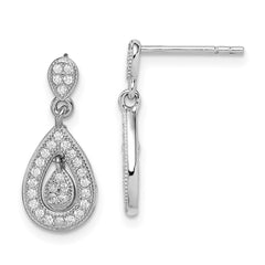 Rhodium-plated Sterling Silver CZ Pave Pear Dangle Post Earrings