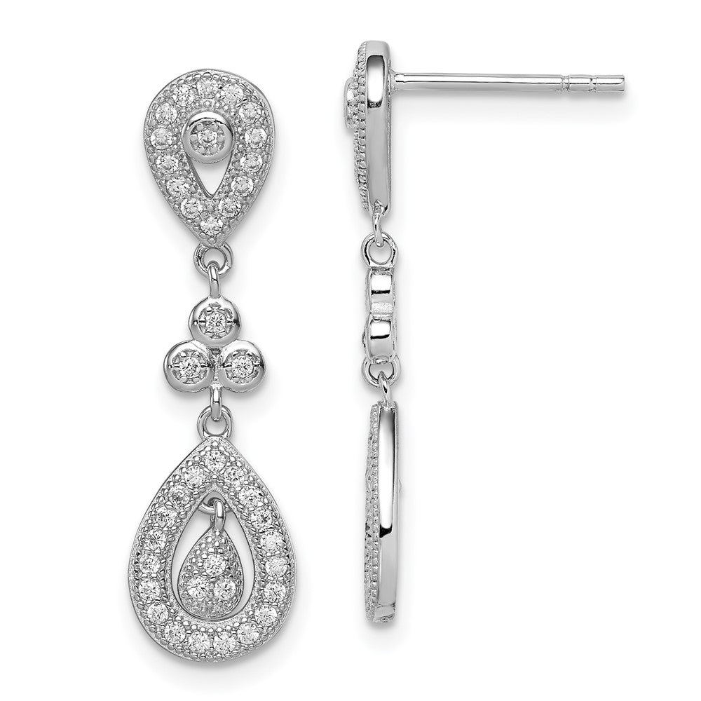 Rhodium-plated Sterling Silver CZ Pave Pear Dangle Post Earrings