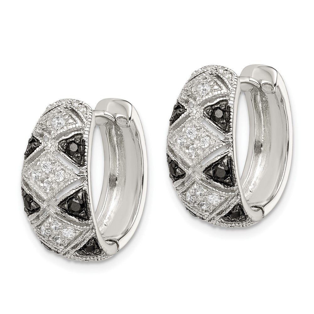 Sterling Silver Black and Clear CZ Hinged Hoop Earrings