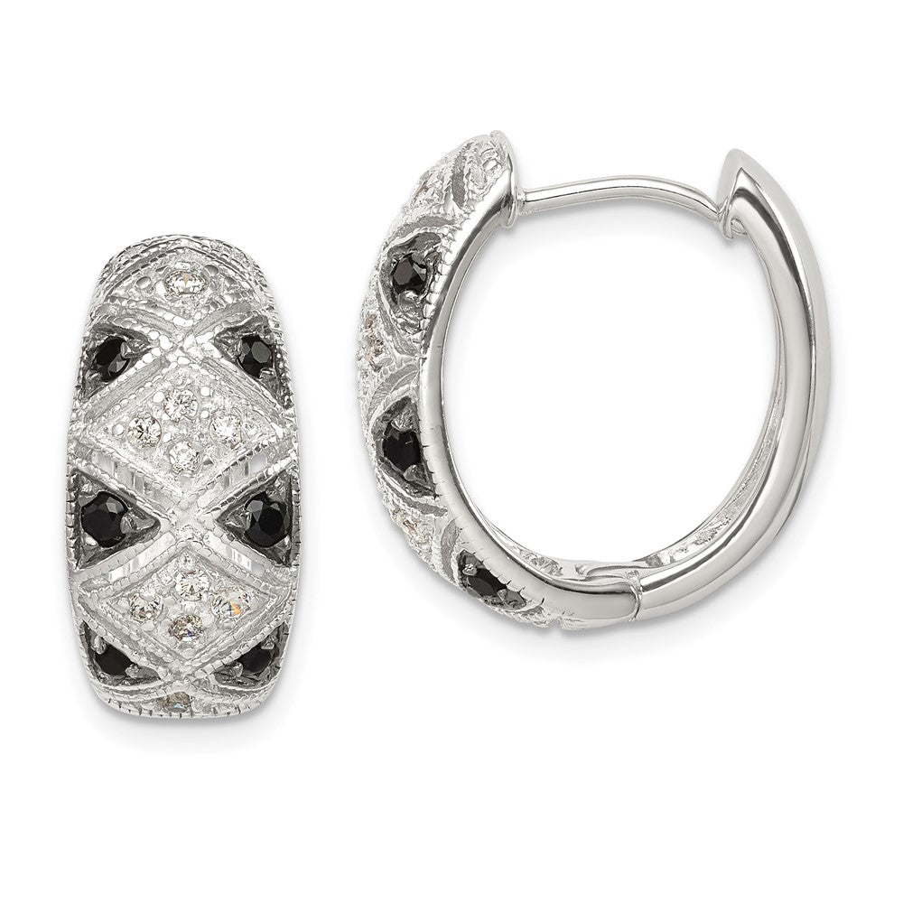 Sterling Silver Black and Clear CZ Hinged Hoop Earrings