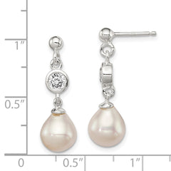 Sterling Silver Polished FWC Pearl and CZ Post Dangle Earrings