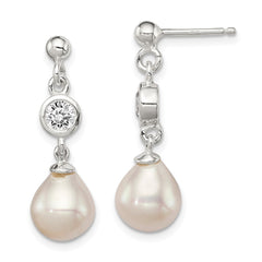 Sterling Silver Polished FWC Pearl and CZ Post Dangle Earrings