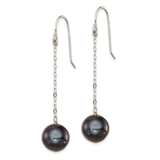 Rhodium-plated Sterling Silver 9-10mm FWC Black Pearl Dangle Earrings