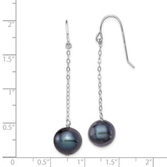 Rhodium-plated Sterling Silver 9-10mm FWC Black Pearl Dangle Earrings