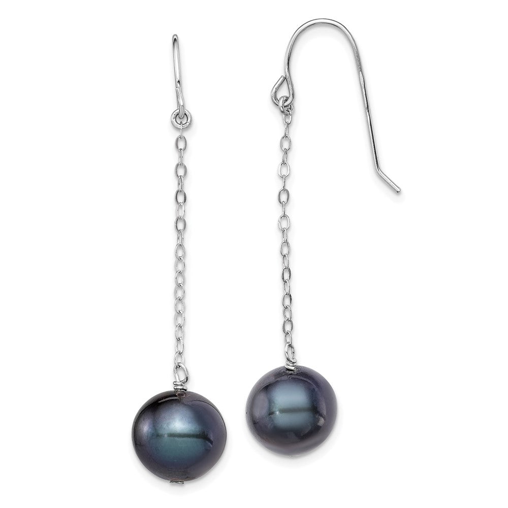 Rhodium-plated Sterling Silver 9-10mm FWC Black Pearl Dangle Earrings