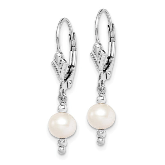 Rhodium-plated Sterling Silver 6-7mm White FWC Pearl Leverback Earrings