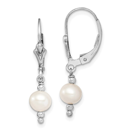 Rhodium-plated Sterling Silver 6-7mm White FWC Pearl Leverback Earrings