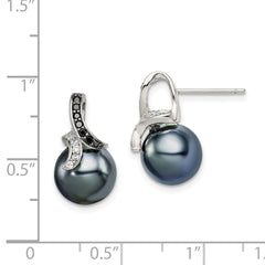 Sterling Silver Black and Clear CZ with Black Imitation Shell Pearl Earrings