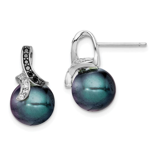 Sterling Silver Black and Clear CZ with Black Imitation Shell Pearl Earrings