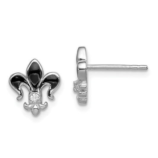 Rhodium-plated Sterling Silver CZ Enamel Fleur de lis Post Earrings