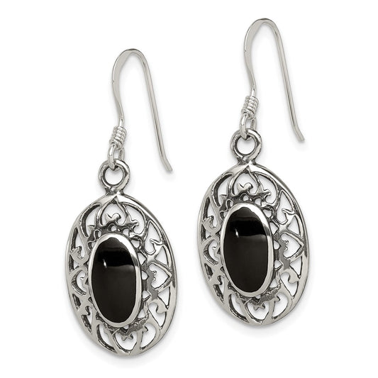 Sterling Silver Oval Black Agate Shepherd Hook Antiqued Earrings