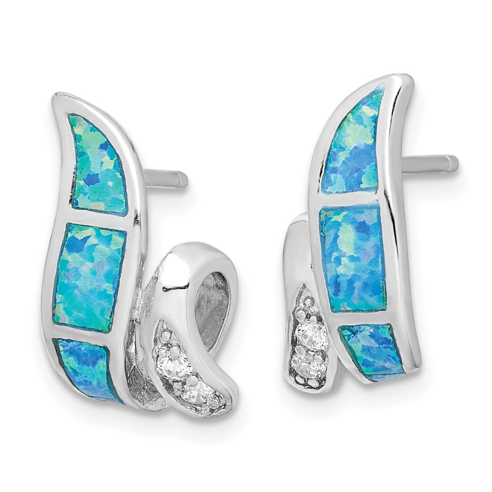 Sterling Silver CZ Blue Inlay Created Opal Twisted Earrings