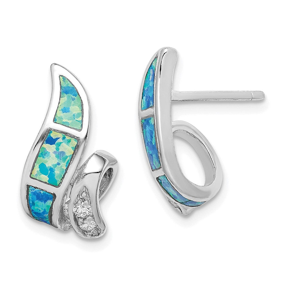 Sterling Silver CZ Blue Inlay Created Opal Twisted Earrings