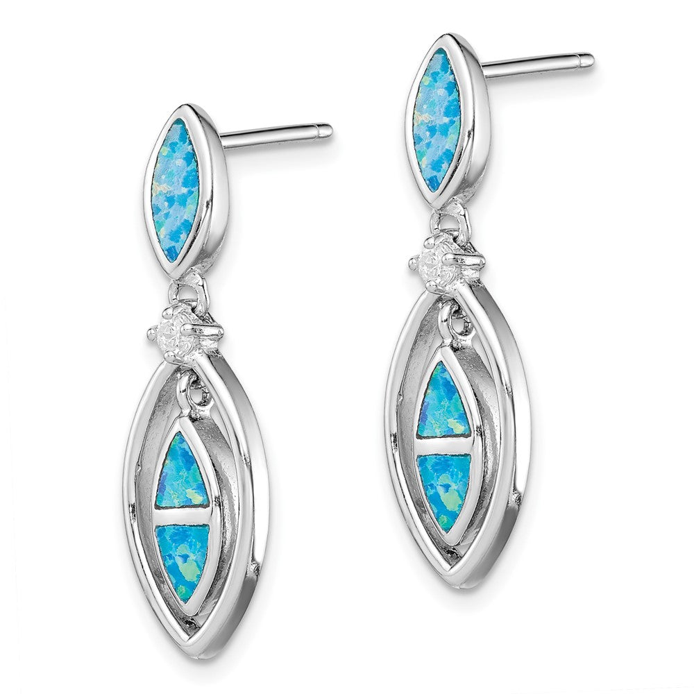 Sterling Silver CZ Blue Inlay Created Opal Marquise Earrings