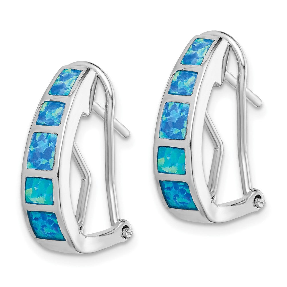 Sterling Silver Blue Inlay Created Opal Squares Hoop Earrings