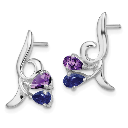 Rhodium-plated Sterling Silver Polished Amethyst and Iolite Post Earrings
