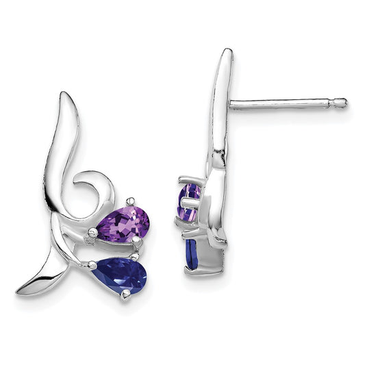 Rhodium-plated Sterling Silver Polished Amethyst and Iolite Post Earrings