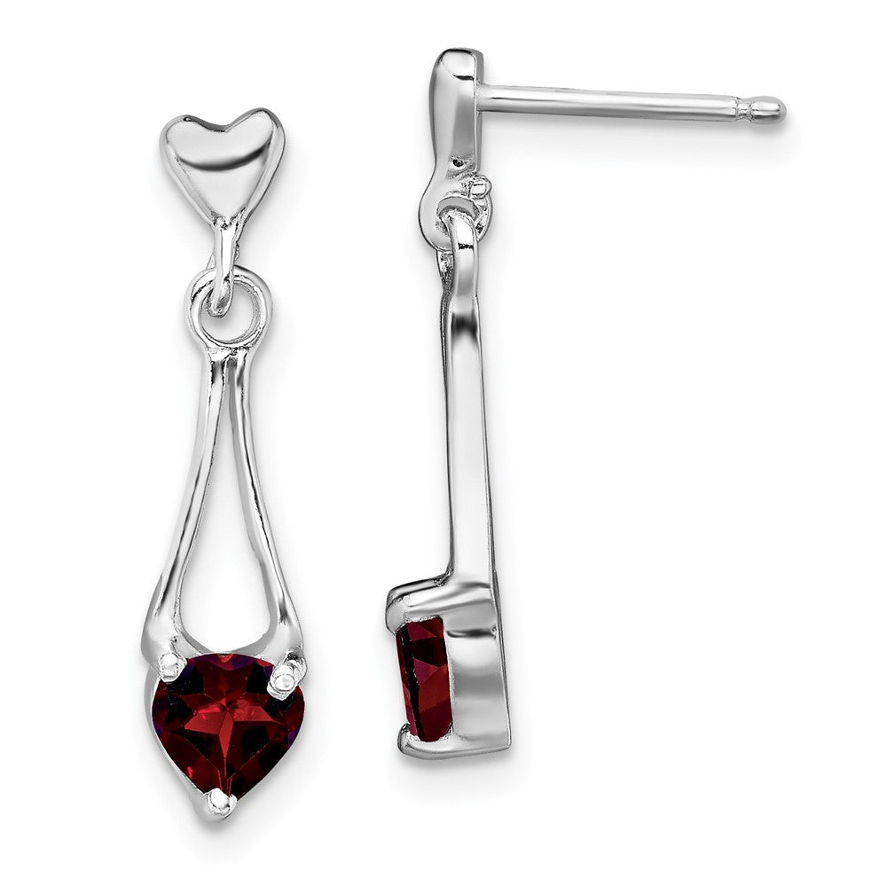 Sterling Silver Polished Garnet Heart Post Dangle Earrings