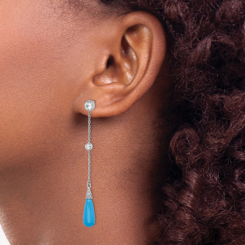 Rhodium-plated Sterling Silver Turquoise and CZ Post Dangle Earrings