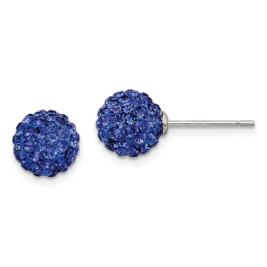 Rhodium-plated Sterling Silver 8mm Dark Blue Czech Crystal Post Earrings