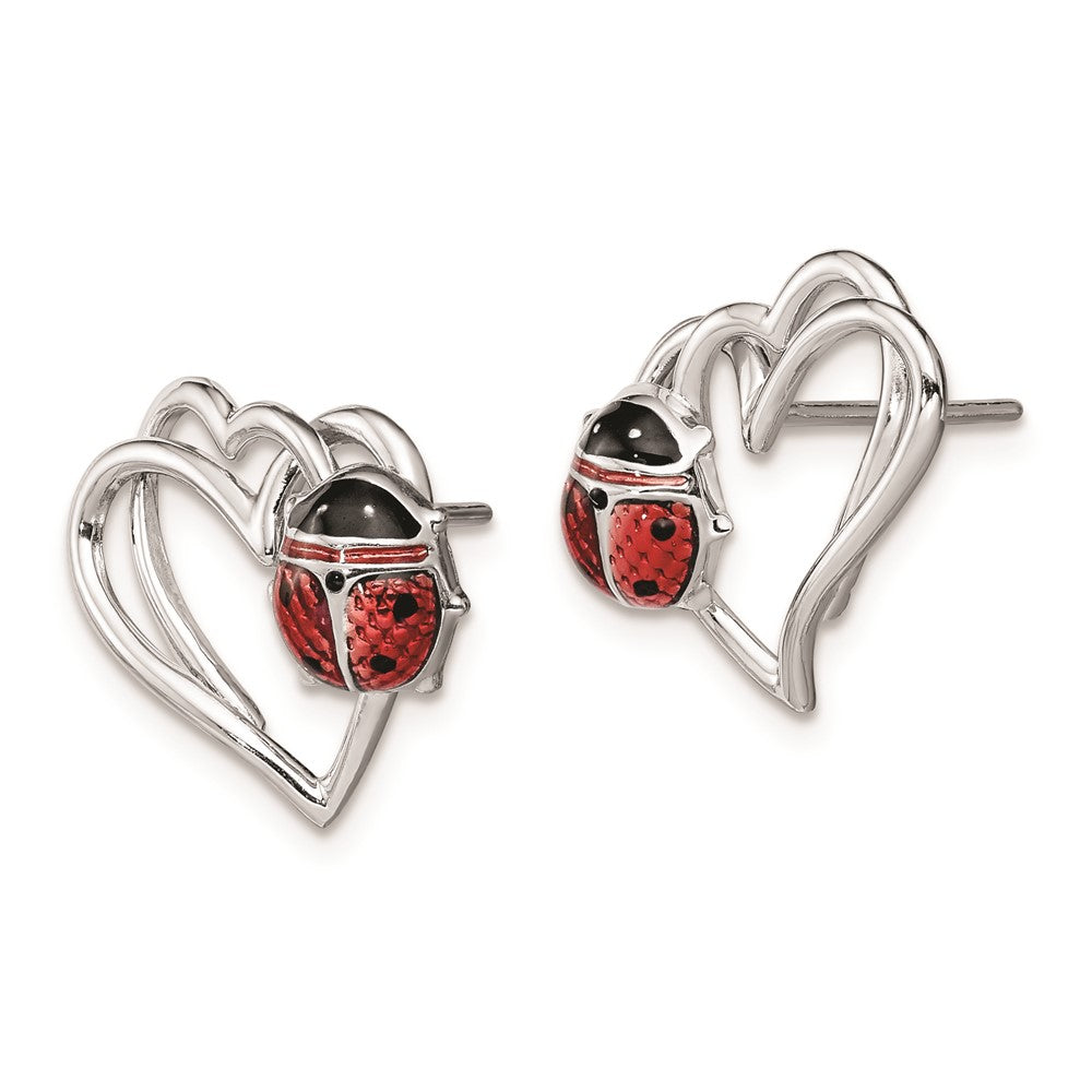 Rhodium-plated Sterling Silver Heart with Enameled Ladybug Post Earrings