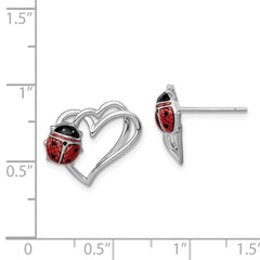 Rhodium-plated Sterling Silver Heart with Enameled Ladybug Post Earrings