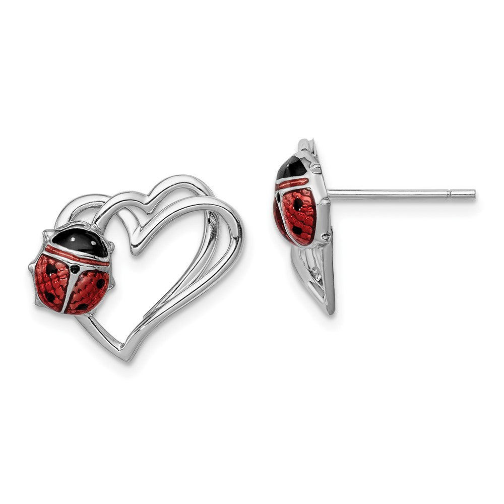 Rhodium-plated Sterling Silver Heart with Enameled Ladybug Post Earrings